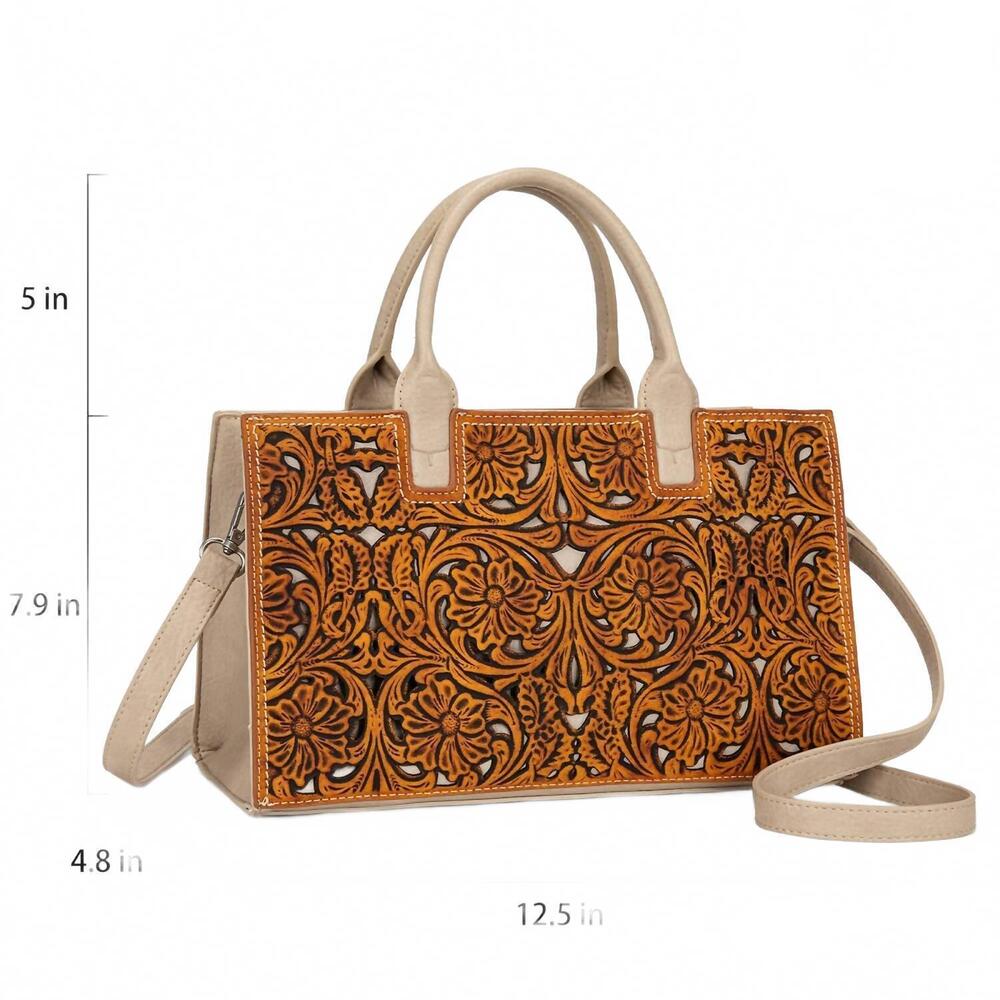 NEW TRINITY RANCH floral tooled leather western satchel tote bag in brown